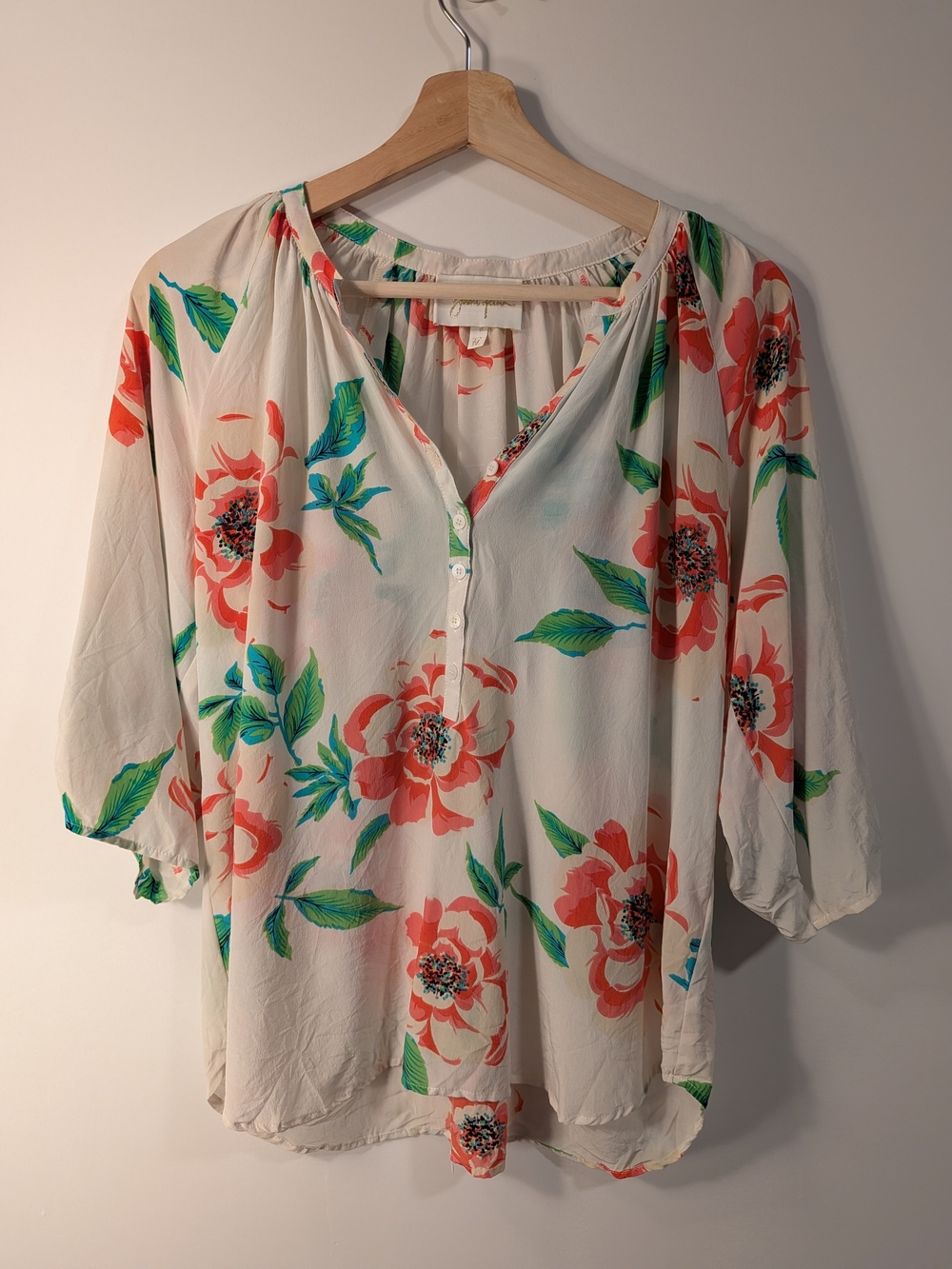 Yumi Kim 100% Silk Floral Button-Neck Blouse - Cream with Coral Floral